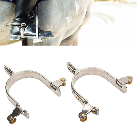 Rugged Stainless Steel Western Horse Spurs With Rotatable Gear Carved Equestrian Style For Men And Women Dope Boot Spurs For Training And Trail Riding Today shown on boots and close-up