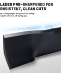 Close-up of heavy duty 42 inch mower mulching blades for John Deere riding lawn tractors with round mounting hole