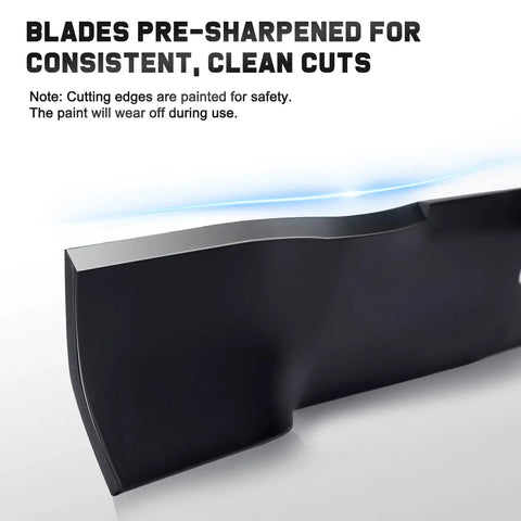 Close-up of heavy duty 42 inch mower mulching blades for John Deere riding lawn tractors with round mounting hole