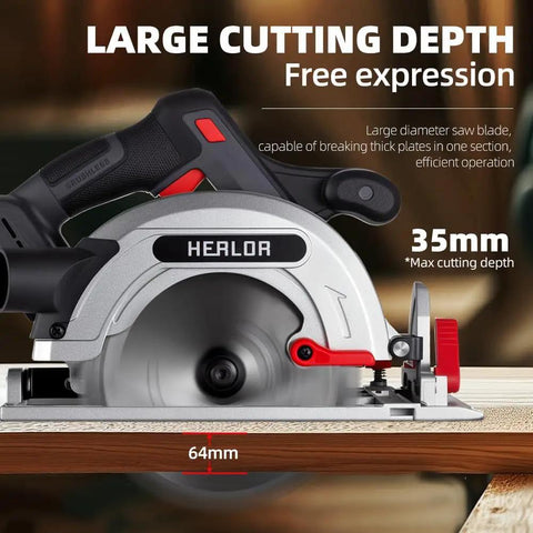 Pro Move Cordless Circular Saw Featuring Brushless Motor And 7 Inch Blade Chugging At 5600 Rpm For Kickin Wood Cuts close-up showing 35mm cutting depth capability.