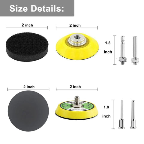 Size details of 2 Inch Sanding Discs Kit With 240 Pcs Assorted Grit 80 To 5000 Silicon Carbide Hook And Loop Sandpaper, includes shank pads.