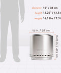 Ranger Portable Outdoor Fire Pit With Stand Stainless Steel Firepot dimensions shown next to scale silhouette.