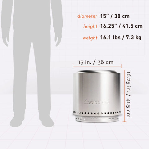 Ranger Portable Outdoor Fire Pit With Stand Stainless Steel Firepot dimensions shown next to scale silhouette.