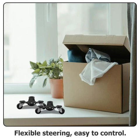 Four Pack Heavy Duty Furniture Mover Dolly Set With Three Wheel Design Built From Carbon Steel And ABS For Moving Heavy Cabinets, Appliances, And Furniture In Homes, Offices, And Warehouses., two black dollies beside a moving box on a windowsill