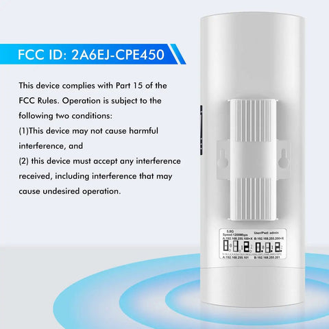 Back view of 5.8 GHz Long Range Outdoor Wireless Bridge with FCC ID, antenna detail visible, part of 3 km weatherproof kit