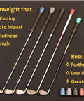 Image showing five golf clubs with counterweight, focusing on Counterweight Swing Trainer For Golf Clubs Three Weight Set 14oz 11oz 8oz Helps You Build A Sick Natural Swing Mechanics Lower Your Handicap And Train Consistent Fluid Swings With Regular Practice.