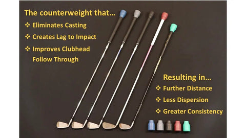 Image showing five golf clubs with counterweight, focusing on Counterweight Swing Trainer For Golf Clubs Three Weight Set 14oz 11oz 8oz Helps You Build A Sick Natural Swing Mechanics Lower Your Handicap And Train Consistent Fluid Swings With Regular Practice.