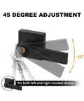 12 Pack Black Passage Door Levers with square panel, demonstrating 45-degree adjustment for left and right-handed use.