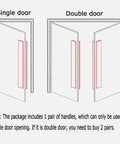 Diagram showing installation of Stainless Steel Push Pull Door Handle For Glass And Wood Doors Matte Black Finish on single and double doors.