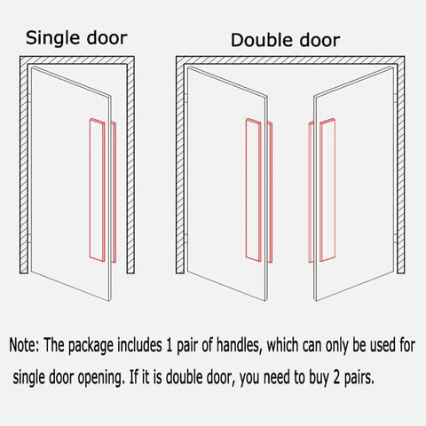 Diagram showing installation of Door Handle Stainless Steel Square Tube Matte Black For Glass And Wooden Doors on single and double doors