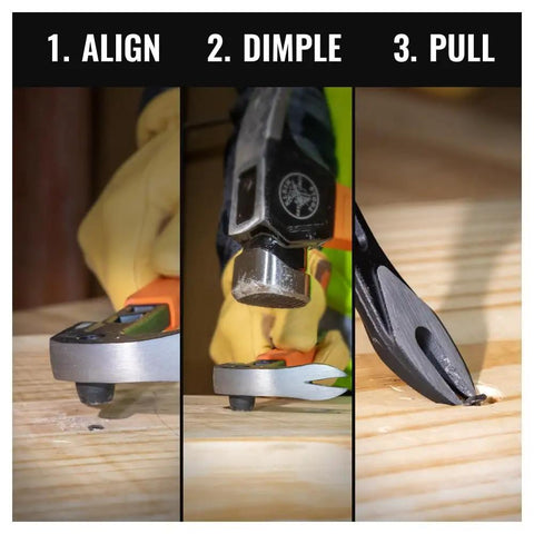 Heavy Duty Nail Puller With Integrated Dimpler And 10 Inch Cats Paw Pry Bar Carbon Steel Build Shock Absorbing Grip Corrosion Resistant Precision Claws For Minimal Surface Damage And Easy Nail Extraction shown aligning, dimpling, and pulling nail