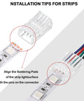 10 Pack Solderless LED Strip Connectors With 16.4 Ft Extension Cable for Easy LED Light Install, connector detail with LED strip.