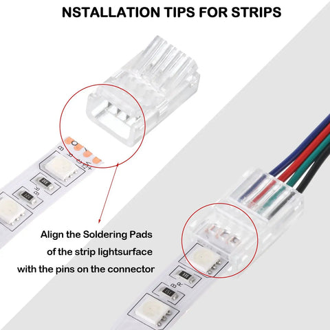 10 Pack Solderless LED Strip Connectors With 16.4 Ft Extension Cable for Easy LED Light Install, connector detail with LED strip.