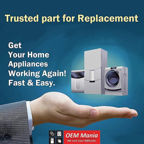 Hand holding images of home appliances with text "Trusted part for Replacement" and "OEM Mania" logo.