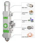 Illustration of a fiber laser cutting head with labeled parts, featuring 4 Pack 30mm Diameter 5mm Thick Fiber Laser Protective Lenses For Raytools WSX Precitec Fiber Laser Cutting Head Accessories, 99.5 Percent Transmission, Top Notch Durable Laser Protective Windows.