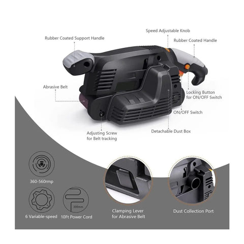 Heavy Duty 600W Electric Belt Sander With Variable Speed Control showing adjustable speed knob, abrasive belt, and dust collection features.