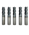 Five 1/2-inch carbide square-end milling bits set, AlTiN coated, 4-flute for alloy steels