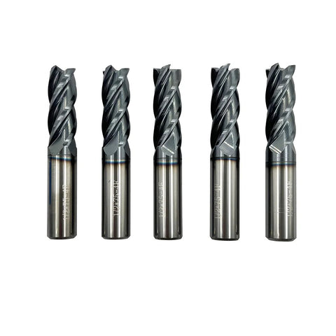Five 1/2-inch carbide square-end milling bits set, AlTiN coated, 4-flute for alloy steels