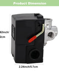 Side view of Heavy Duty 95-125 PSI Air Compressor Pressure Switch Unloader, LF10-4H 4 Port NPT One Quarter Inch Connections with dimensions.