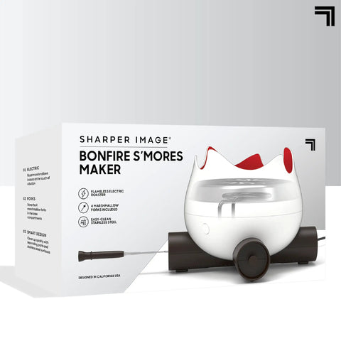 Flameless Electric Marshmallow S'mores Maker With Four Forks in packaging, indoor safe roaster for kids, easy cleaning, no flames.