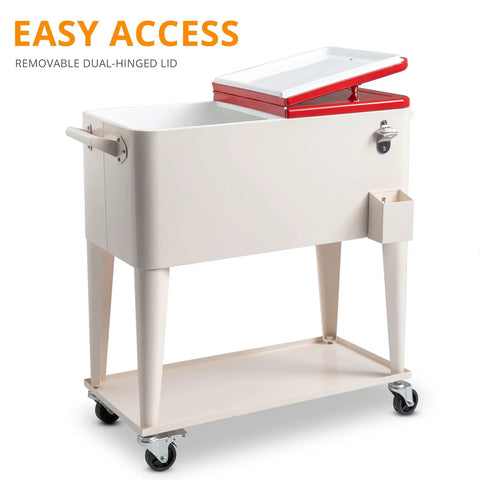 80 Quart Rolling Cooler Cart with Stainless Steel Ice Chest, wheels, and handle; open lid view, ideal for outdoor beverage service.