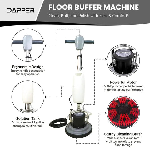 Commercial Grade 13 Inch Floor Buffer And Polisher Machine With Random Orbit Design features ergonomic handle and solution tank.