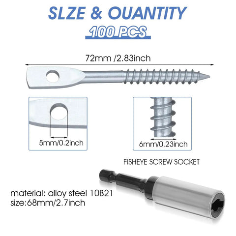 Tough As Nails Zinc Plated Eye Lag Screws In A Solid 100 Pack Plus A Handy Hook Driver with details of sizes and materials.