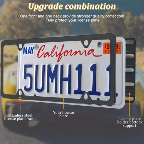Stainless Steel License Plate Bracket Kit For Front Bumper Built To Last Universal Car Tag Mount with plate displayed.