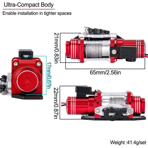 Sick Simulated Electric Winch Made From CNC Aluminum Alloy For 1 10 Rc Crawler Upgrade Parts With Realistic Red Finish and compact dimensions.