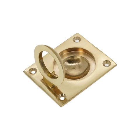 Polished Brass Flush Ring Pull Handle 60mm By 50mm For Cabinets And Drawers, showing durable brass finish and recessed design