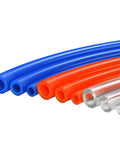 Pro Level 8mm Black Polyurethane Air Hose Tube Optimized For All Pneumatic Air Compressors Heavy Duty High Pressure Tubing in blue and red colors.
