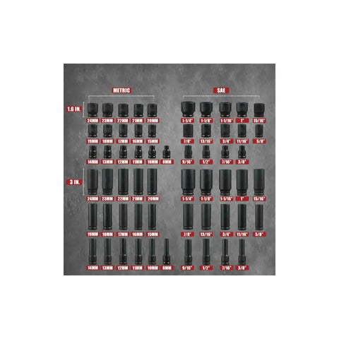 Top Tier 66 Piece Impact Socket Set With Ratchet Handle Covers All Metric And Standard Sizes From 3/8 Inch To 1-1/4 Inch Plus Adapters For Your Next Big Job. Metric and SAE impact sockets