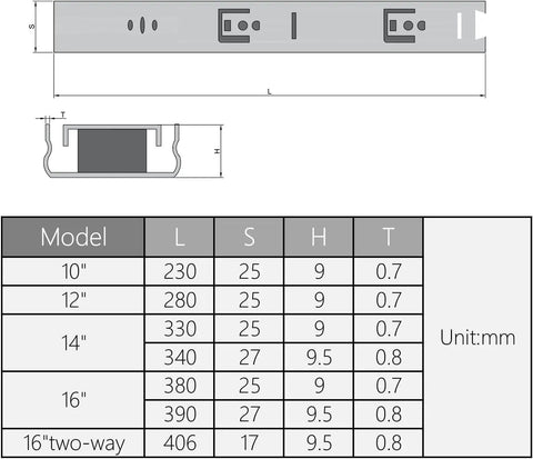 Diagram and size chart for Metal Ball Bearing Side Mount Drawer Slides 11 Inch Length Cold Rolled Steel For Furniture Drawers