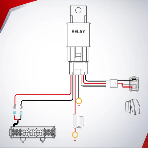 Diagram of Beefy Heavy Duty Wiring Harness Kit 14 AWG With 1 Lead 12V 5 Pin Rocker Switch Power Relay And Inline Blade Fuse setup.