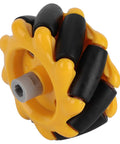 Mecanum wheel, close-up view, yellow frame with black rollers and grey hub for geared motors
