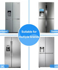 Four refrigerators from Whirlpool, Samsung, GE, and LG. Central text: Suitable for multiple brands. Water Line Defrost Tool compatible.