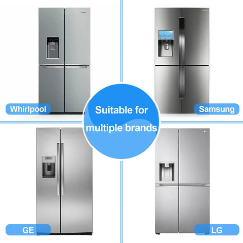 Four refrigerators from Whirlpool, Samsung, GE, and LG. Central text: Suitable for multiple brands. Water Line Defrost Tool compatible.