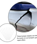 Cracked car bumper with repair text, 10 Pcs Car Bumper Welding Rods for Quick Bumper Repairs, DIY Friendly Pro Grade Durable PP Material Sticks