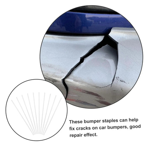 Cracked car bumper with repair text, 10 Pcs Car Bumper Welding Rods for Quick Bumper Repairs, DIY Friendly Pro Grade Durable PP Material Sticks