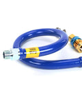 Coiled blue 1 inch by 48 inch gas hose with quick disconnect for grills and appliances, heavy duty flexible gas line connector.