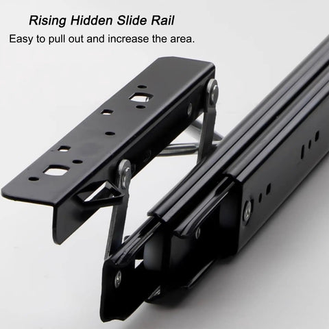 Heavy Duty Hidden Drawer Slides With Smooth As Butter Glide Versatile 16 Inch Furniture Guides in black, showcasing a rising hidden slide rail.