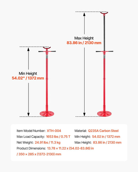 Underhoist Support Stand 1653 Lb Capacity With Adjustable Height From 54.02 Inches To 83.86 Inches, steel construction