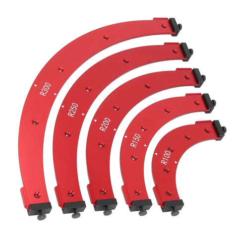 Tough Aluminum Router Templates Set Of 5 Radius Jigs R100 R150 R200 R250 R300 showing five red jigs for precise edge rounding.