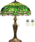 Tiffany Style Green Stained Glass Dragonfly Table Lamp With Metal Base, Large 16 By 16 Inch Square Shade, 24 Inch Tall Bedside Desk Reading Light, UL Listed, Pull Chain Switch, Retro Vibe, Requires 2 LED E26 Bulbs 2700K, Home Decor For Bedroom