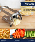 French fry cutter with dual stainless steel blades and non-slip suction cups on a kitchen counter.