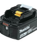 Close-up of a Makita 18V 4Ah Lithium-Ion battery, part of XT269M 18V LXT Brushless Cordless Two Piece Drill And Impact Driver Combo Kit