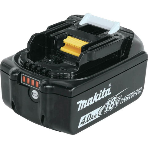 Close-up of a Makita 18V 4Ah Lithium-Ion battery, part of XT269M 18V LXT Brushless Cordless Two Piece Drill And Impact Driver Combo Kit