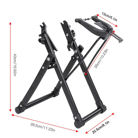 Foldable Wheel Truing Stand For 16 To 29 Inch Wheels, Space Saving Maintenance Holder, aluminum frame dimensions with metric labels