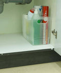 Slick 12 Quart Clear Storage Bins With Built In Carry Handles Narrow Rectangular Organizer Containers For Pantry Closet Cabinet Shelf And Home Organization Straight Up Durable Two Pack in a cabinet with cleaning supplies.