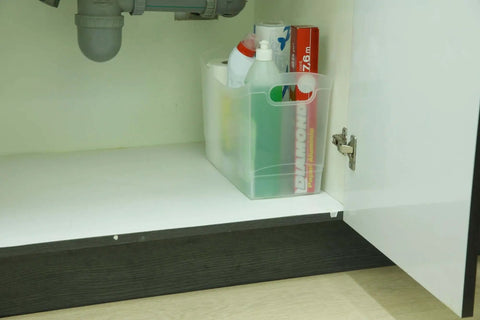 Slick 12 Quart Clear Storage Bins With Built In Carry Handles Narrow Rectangular Organizer Containers For Pantry Closet Cabinet Shelf And Home Organization Straight Up Durable Two Pack in a cabinet with cleaning supplies.